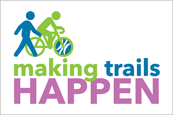 The logo for DVRPC's Regional Trails Program which shows a person walking and a person biking over the text "Making trails happen"