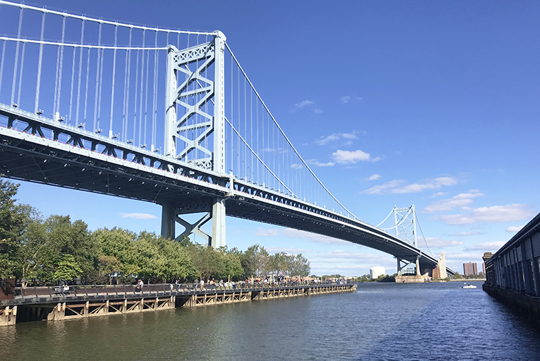 A photo of the Ben Franklin Bridge looking toward Camden