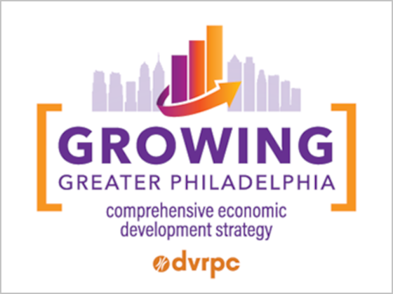 The logo for DVRPC's Comprehensive Economic Development Strategy, which includes the text Growing Greater Philadelphia and has an illustration of a skyline turning into a bar graph