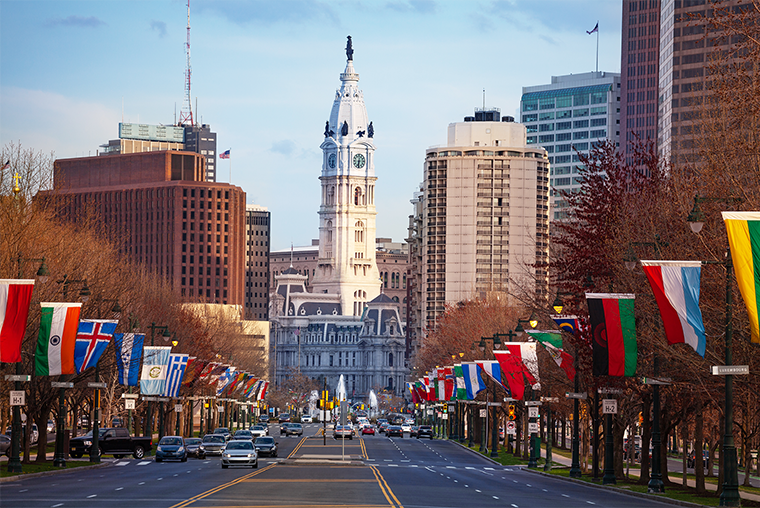 An image of Philadelphia City Hall viewed from the Parkway