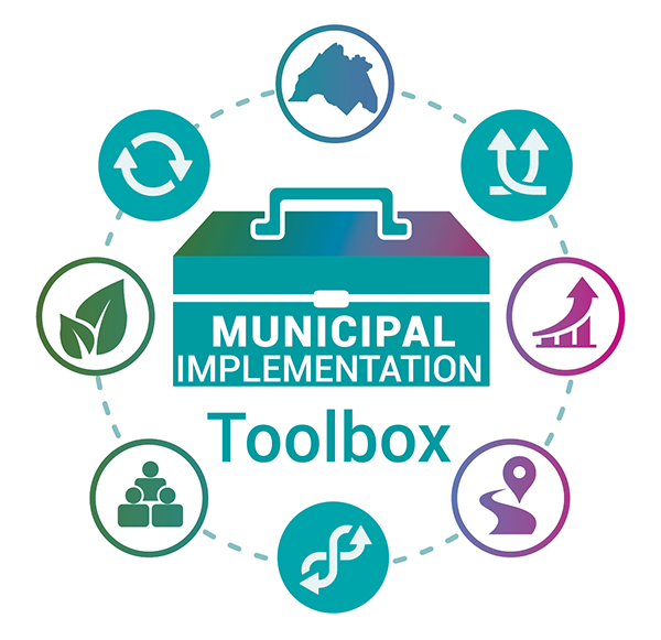 A graphic logo showing a toolbox that reads "Municipal Implementation Toolbox," surrounded by various icons showing people, leaves, roads, arrows, and a bar graph.