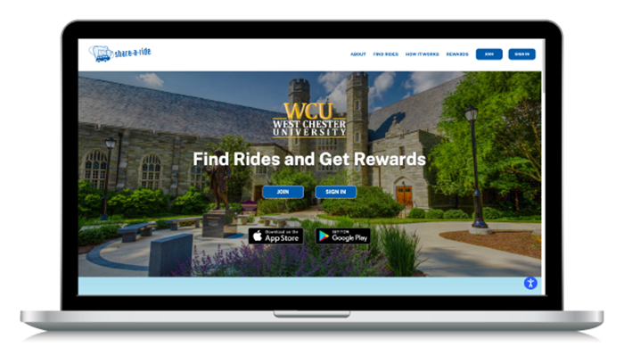 An image of a laptop showing the West Chester University Share-a-Ride website on its screen