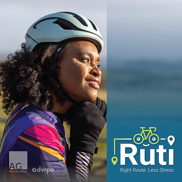 An ad for Ruti, a bike trip planning app, showing a woman strapping on a helmet before a ride