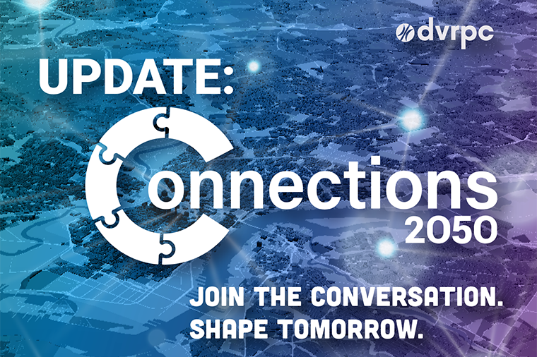 An aerial view of the region with the logo for Update: Connections 2050 and text that reads "Join the Conversation. Shape Tomorrow."