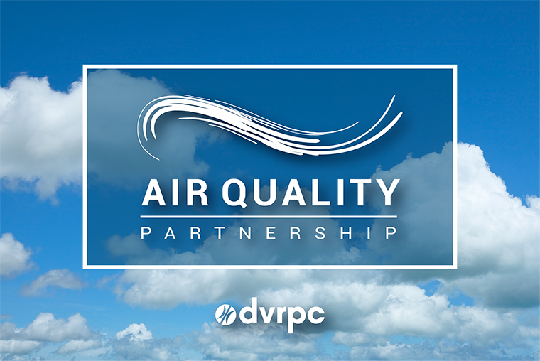 A logo for the Air Quality Partnership set on the background of a blue sky and large white clouds.