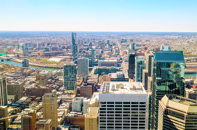 A photo of Philadelphia, taken from a high rise in Center City and looking West