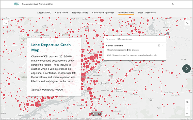 Screenshot of map showing lane departure crashes