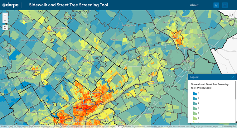 A screenshot of a map from the DVRPC Sidewalk and Street Tree Screening Tool