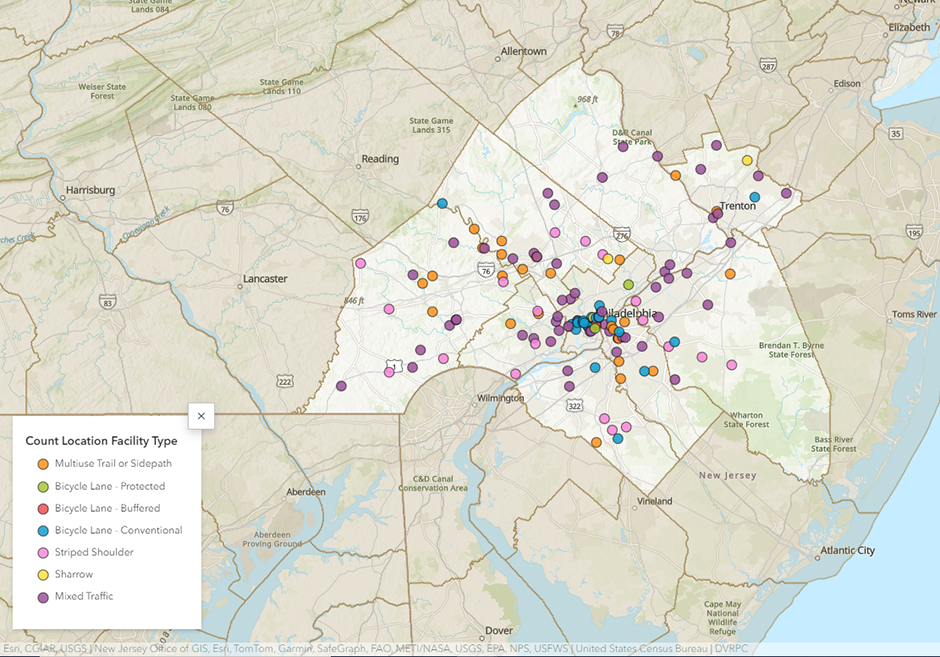A screenshot of a map showing bicycle counts in the Greater Philadelphia region