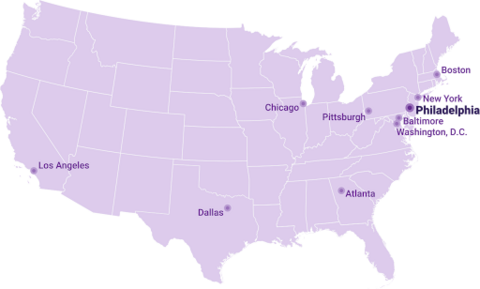 Map of the United States, showing Philadelphia and nine other cities that are included in the analysis. They include Boston, New York, Baltimore, Washington, D.C., Pittsburgh, Atlanta, Chicago, Dallas, and Los Angeles.