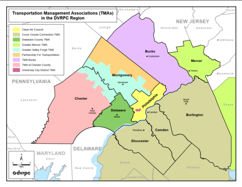 Map depicting the transportation management associations in the dvrpc region.
