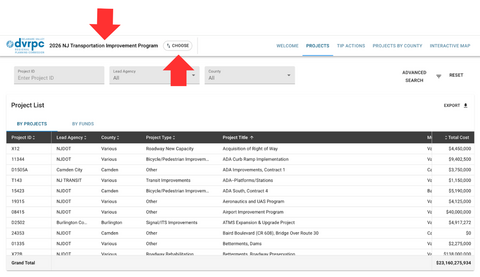 Screenshot of the 2026 NJ TIP Projects page with a red arrow in the top left quadrant pointing at a button labeled “Choose.”
