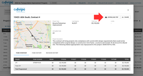 Screenshot of a popup showing the details of a project. A red arrow in the right upper quadrant points to a button labeled “Download PDF.” A “Share” button is to the right of the “Download PDF” button.