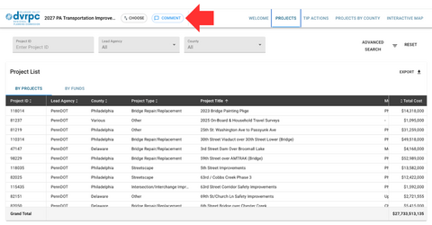 A screenshot of the projects page for the 2027 PA TIP with a red arrow points to a “Comment” button in the page header