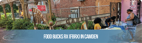 Food Bucks RX (FBRX) in Camden Heading.  Image of people tabling in front of the Parkside Learning Garden.